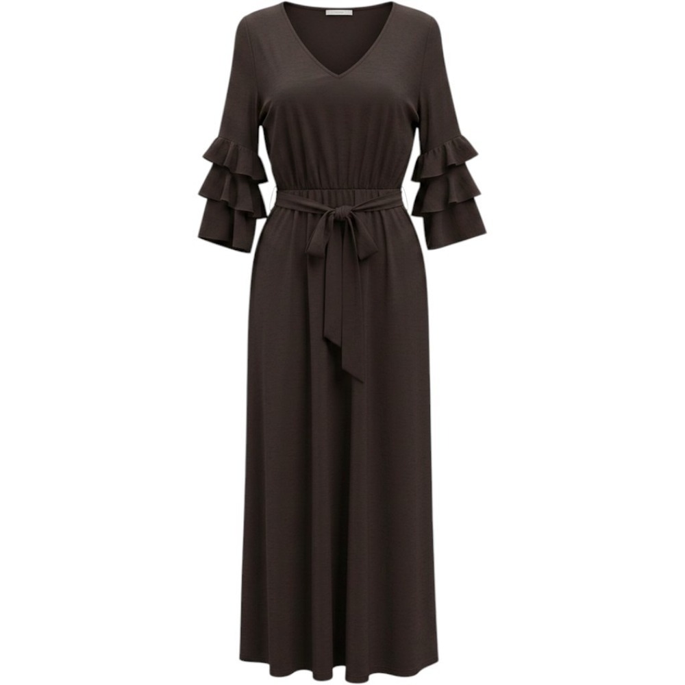Gabby Skye Brown Ruffle Sleeve Jumpsuit V-Neck Belted Size 10